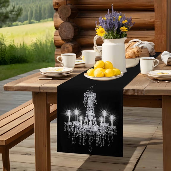 Modern Crystal Lighting on Black Table Runner 60 Inch Long Chandelier Candle Table Runners Linen Burlap Tablerunner for Kitchen Dining Room Holiday Party
