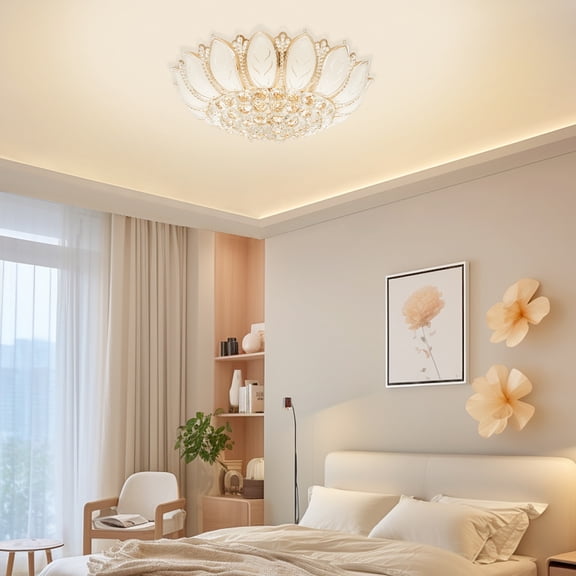 Modern Crystal Lotus Ceiling Light, 7-Light Gold Semi Flush Mount Chandelier, E12 Decorative Ceiling Fixture for Living Room, Bedroom, Dining Room & Hallway