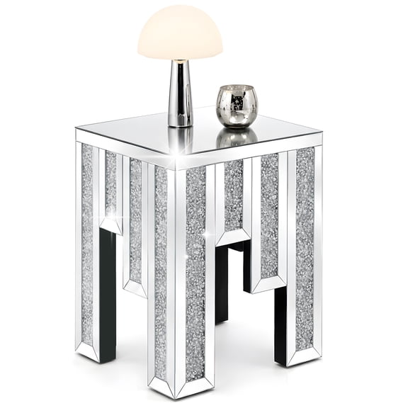 Modern Crystal Mirrored Side Table, Living Room End Table, Bedside Table, Nightstand, Silver