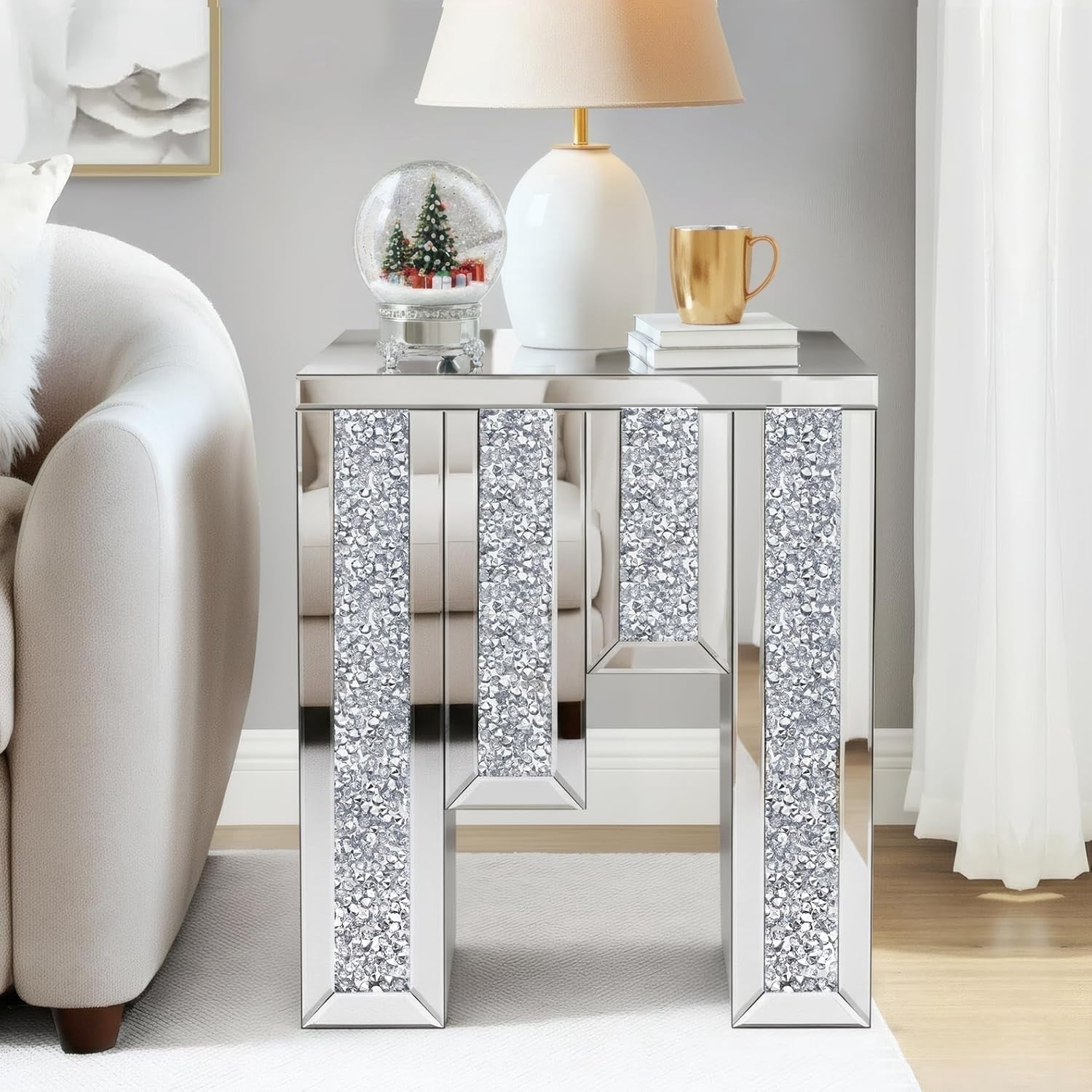 Modern Crystal Mirrored Side Table, Living Room End Table, Bedside Table, Nightstand, Silver