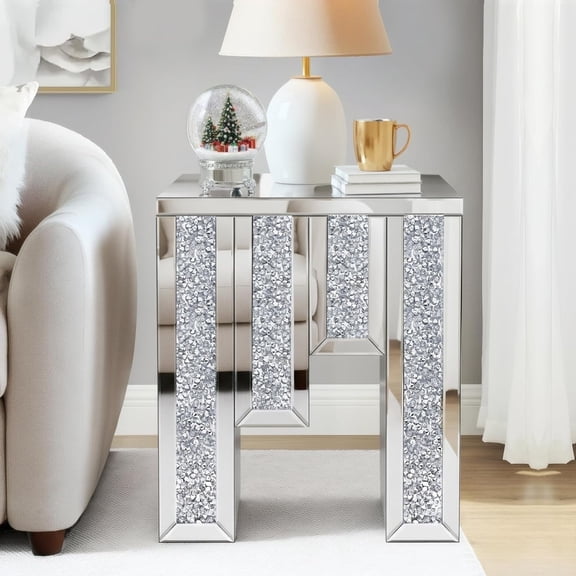 Modern Crystal Mirrored Side Table, Living Room End Table, Bedside Table, Nightstand, Silver