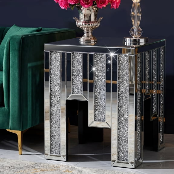 Modern Crystal Mirrored Side Table, Living Room End Table, Bedside Table, Nightstand, Silver
