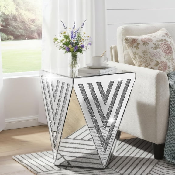 Modern Crystal Mirrored Side Table, Living Room End Table, Bedside Table, Nightstand, Silver