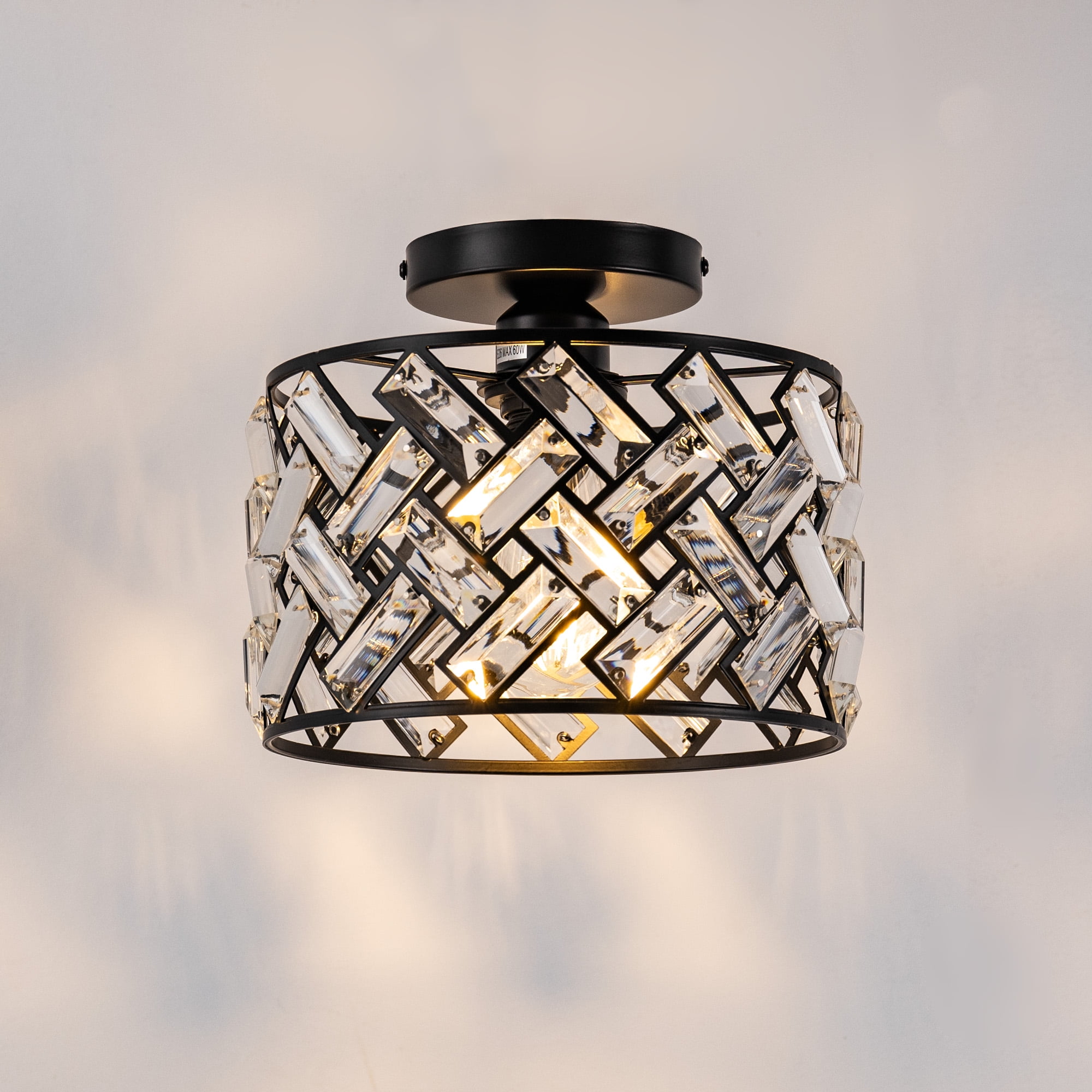 Modern Crystal Semi Flush Mount Ceiling Light - Black 3-Light Fixture ...