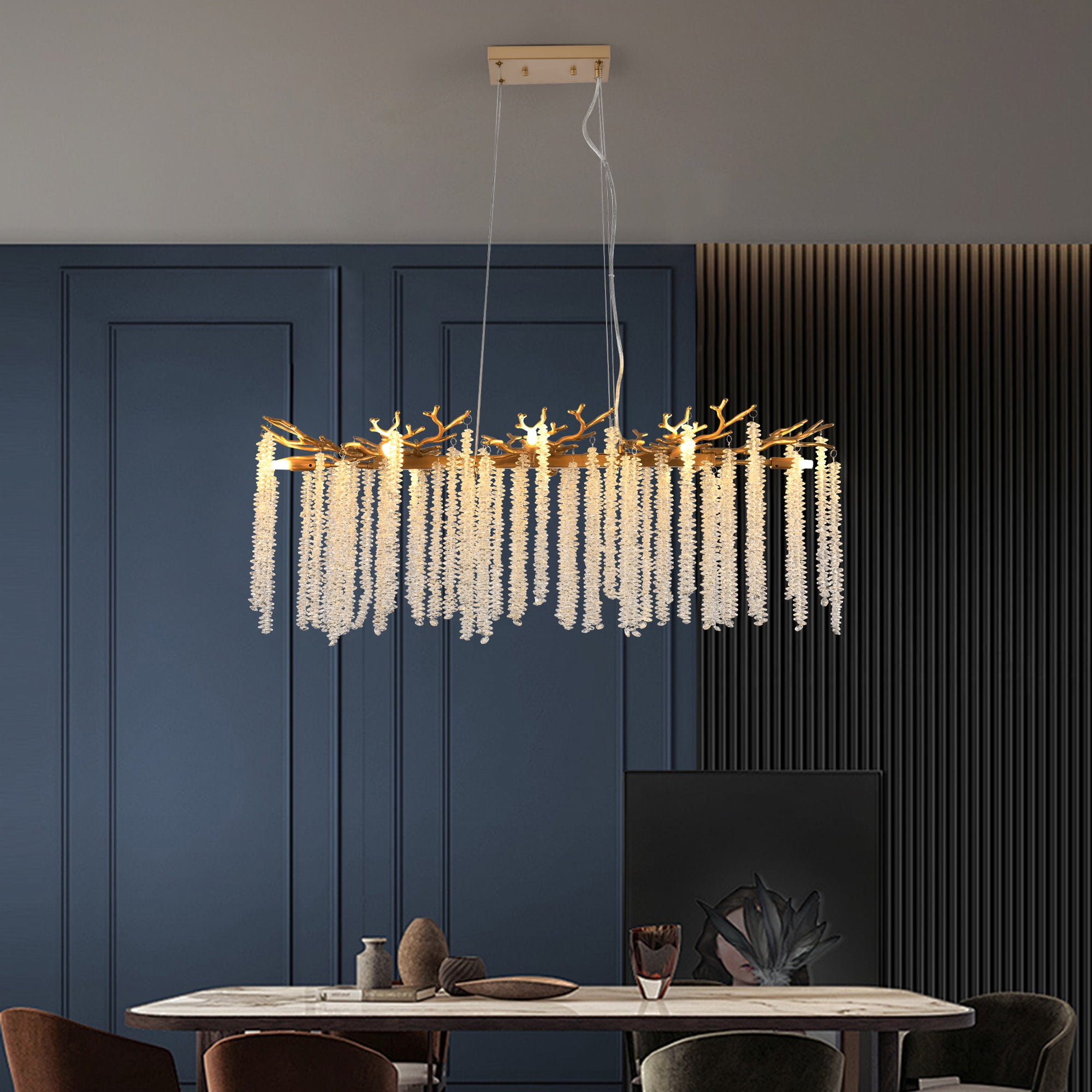 Modern Crystal Tree Branch Chandelier, Gold Linear Art Deco Raindrop Indoor Hanging Pendant Light Fixture for Dining Room Kitchen Island Living Room Bedroom 8 Lights 39.4''