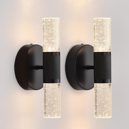 Modern Crystal Wall Sconces Set of 2, 9.8" Dimmable 10W LED Bubble Glass Vanity Wall Light Fixtures for Bathroom, Hallway & Bedroom (Black)$$Tools & Hardware Other