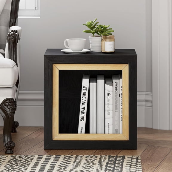 Modern Cube End Table with Open Center Shelf, Geometric Wood Side Table with Hollow Storage, Minimalist Nightstand with Rectangular Shape for Living Room, Entryway, Office, Small Spaces, Black