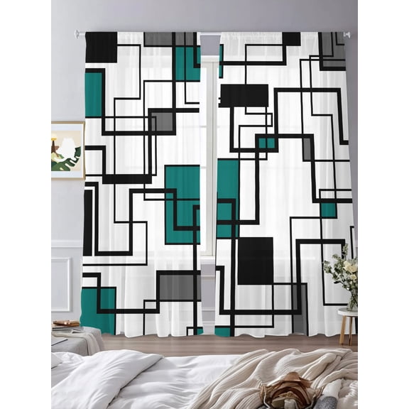 Modern Cube Geometric Abstract Art Sheer Curtains 2 Panels Set Green Gray Color Contrast Lihgt Filtering Rod Pocket Voile Drape,Semi Sheer Window Curtains for Bedroom Living Room,52"x84"