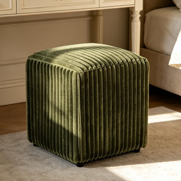 Modern Cube Ottoman, Corduroy Vanity Stool Footrest, Upholstered Stool for Makeup, Bedroom, Living Room, Dark Green