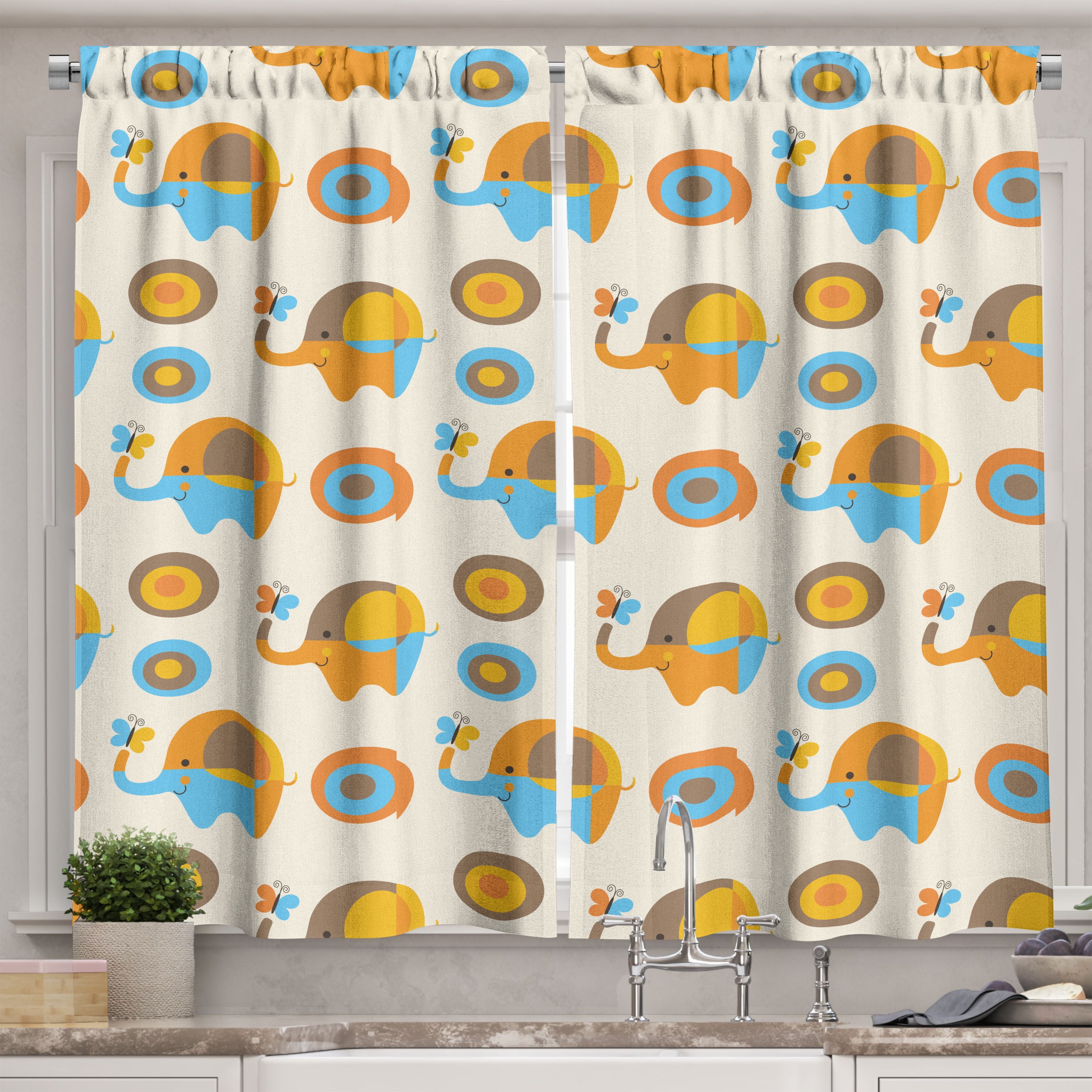 Modern Curtains 2 Panels Set, Abstract Elephant with Butterfly and Oval