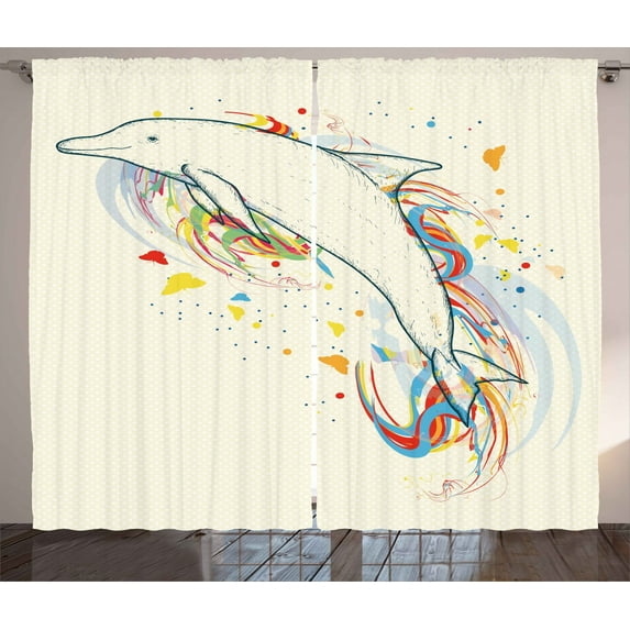Ambesonne Dolphin Curtains 2 Panel Set, Fish Rainbow Color, 108" x 63", Multicolor