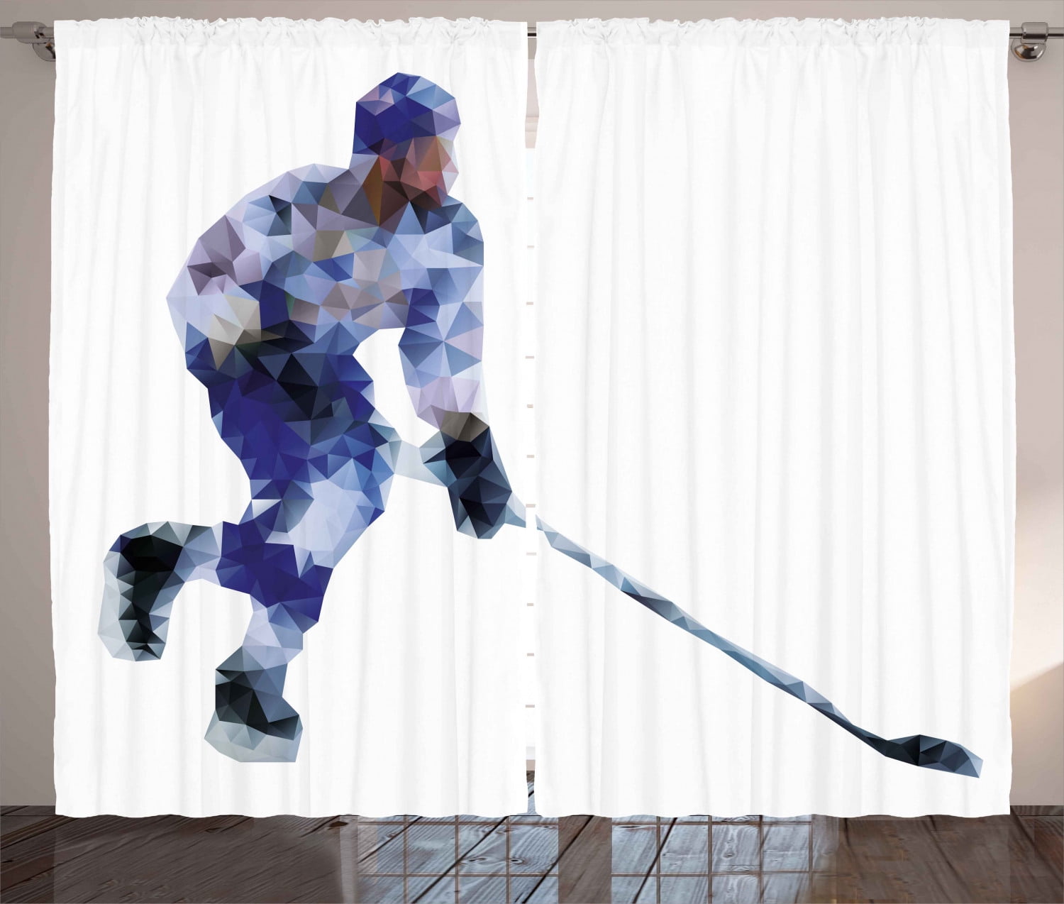 Modern Curtains 2 Panels Set, Hockey Player in Fragmented Triangle