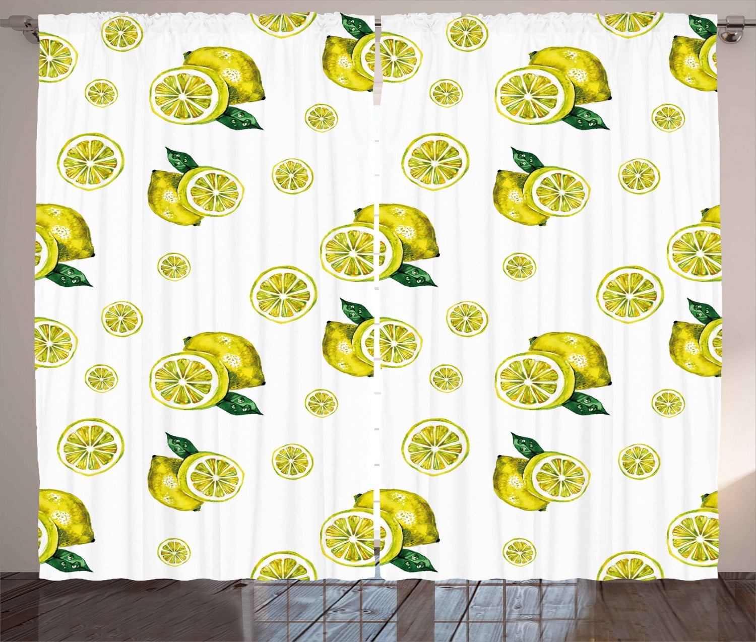 Ambesonne Kitchen Curtains 2 Panel Set, Lemon Slices Leaves, 108" x 84 ...