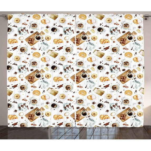 Ambesonne Brown Curtains 2 Panel Set, Croissant Bagels Coffee, 108" x 96", Sand Brown White