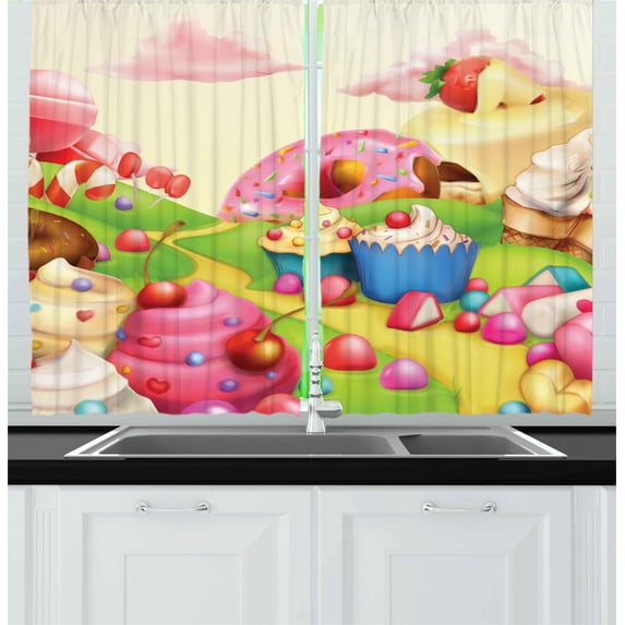 Modern Curtains 2 Panels Set, Yummy Donuts Sweet Land Cupcakes Ice Cream Cotton Candy Clouds Kids Nursery Design, Window Drapes for Living Room Bedroom, 55W X 39L Inches, Multicolor, by Ambesonne