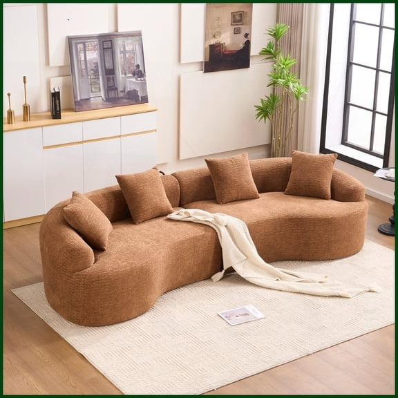 Modern Curved 110” Chenille Sectional Sofa - Toffee Caramel, No Assembly, 800 lbs Capacity for Living Room & Apartment