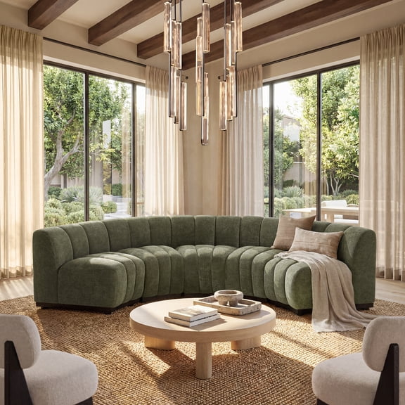 Modern Curved C-Shaped Sectional Sofa, 5PCS Upholstered Modular with Solid Wood Base,Oversize Deep Seat Chenille Cloud Couch for Living Room, Green