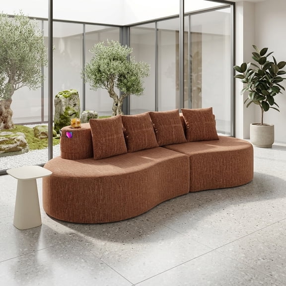 Modern Curved Chenille Sectional Sofa - Orange, 3-Seater