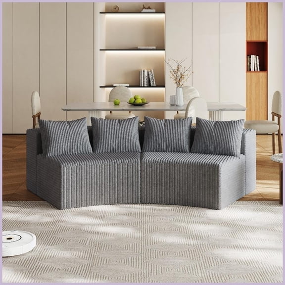 Modern Curved Corduroy Sectional Sofa – 2-Piece Modular Set with 4 Pillows for Living Room, Bedroom or Office
