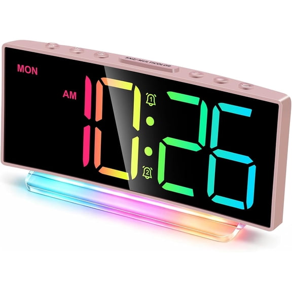 Modern Curved Cute Digital Alarm Clock,Colorful Led Display,Adjustable Volume,Weekday/Weekend Mode,Simple Clock for Bedrooms Bedside,Ok to Wake Up for Girls,Kids,Teens (Pink+Dynamic)