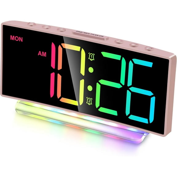Modern Curved Cute Digital Alarm Clock,Colorful Led Display,Adjustable Volume,Weekday/Weekend Mode,Simple Clock for Bedrooms Bedside,Ok to Wake Up for Girls,Kids,Teens (Pink+Dynamic)