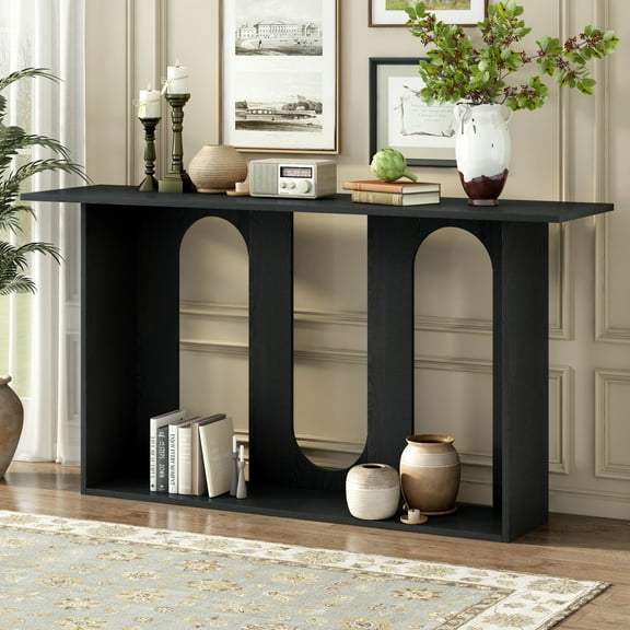 Modern Ash Veneer Console Table with Curved Base and Shelf Storage for Entryway, Living Room, Hallway - Sleek Black Entry Table with Functional Design