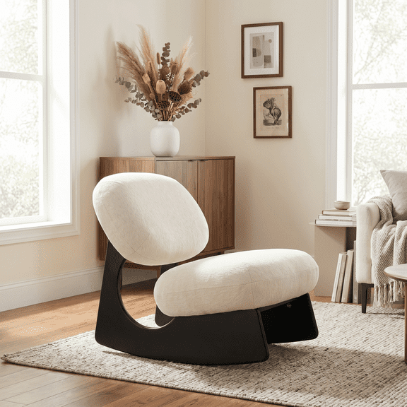 Modern Curved Hollow Base Rocking Accent Chair, Soft Textured Chenille Upholstered Armless Rocker Lounge Chair, Unique Sculptural Rocking Chair for Living Room Bedroom Nursery