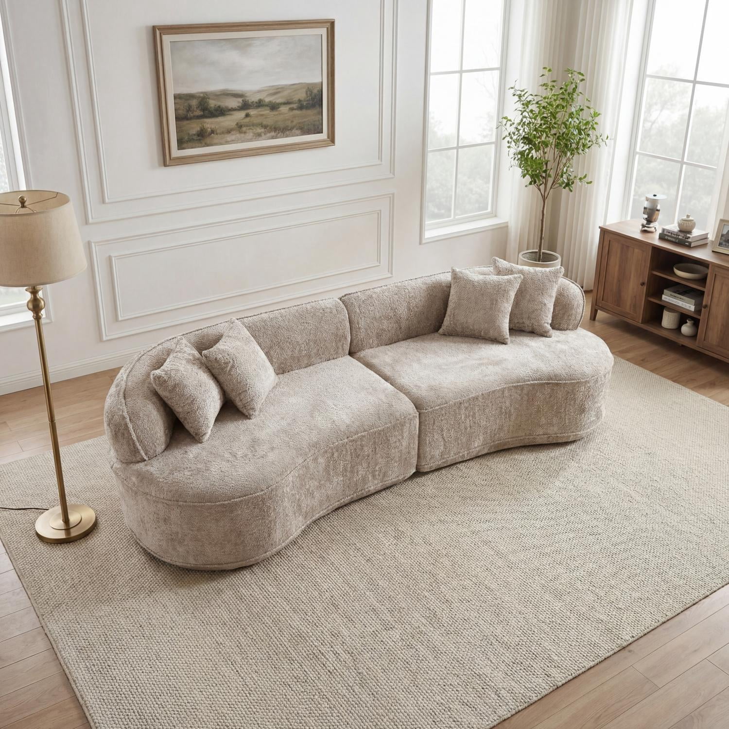 Modern Curved L-Shape Luxury Sectional Oversized Sofa, Comfy Sleeper Couch for Living Room Apartment No Assembly Needed, Vacuum Compressed Sofa in A Box, Camel