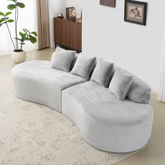 Modern Curved Modular Sofa, Green Plush Sectional Couch for Living Room, Soft Skin-Friendly Upholstery, Ergonomic Multi-Seat Design, Nordic Minimalist Home Furniture,Light Grey