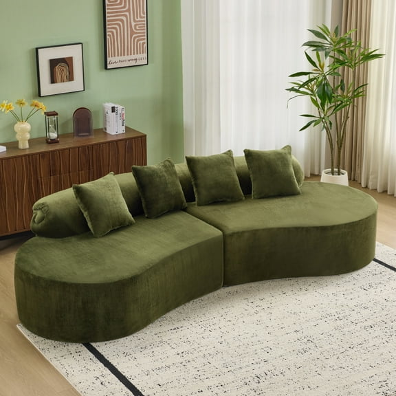 Modern Curved Modular Sofa, Green Plush Sectional Couch for Living Room, Soft Skin-Friendly Upholstery, Ergonomic Multi-Seat Design, Nordic Minimalist Home Furniture,Green