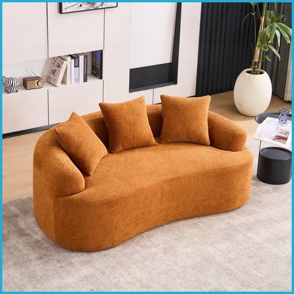 Modern Curved Orange Chenille Loveseat - 65” No-Assembly Compact Sofa for Small Spaces with 3 Pillows