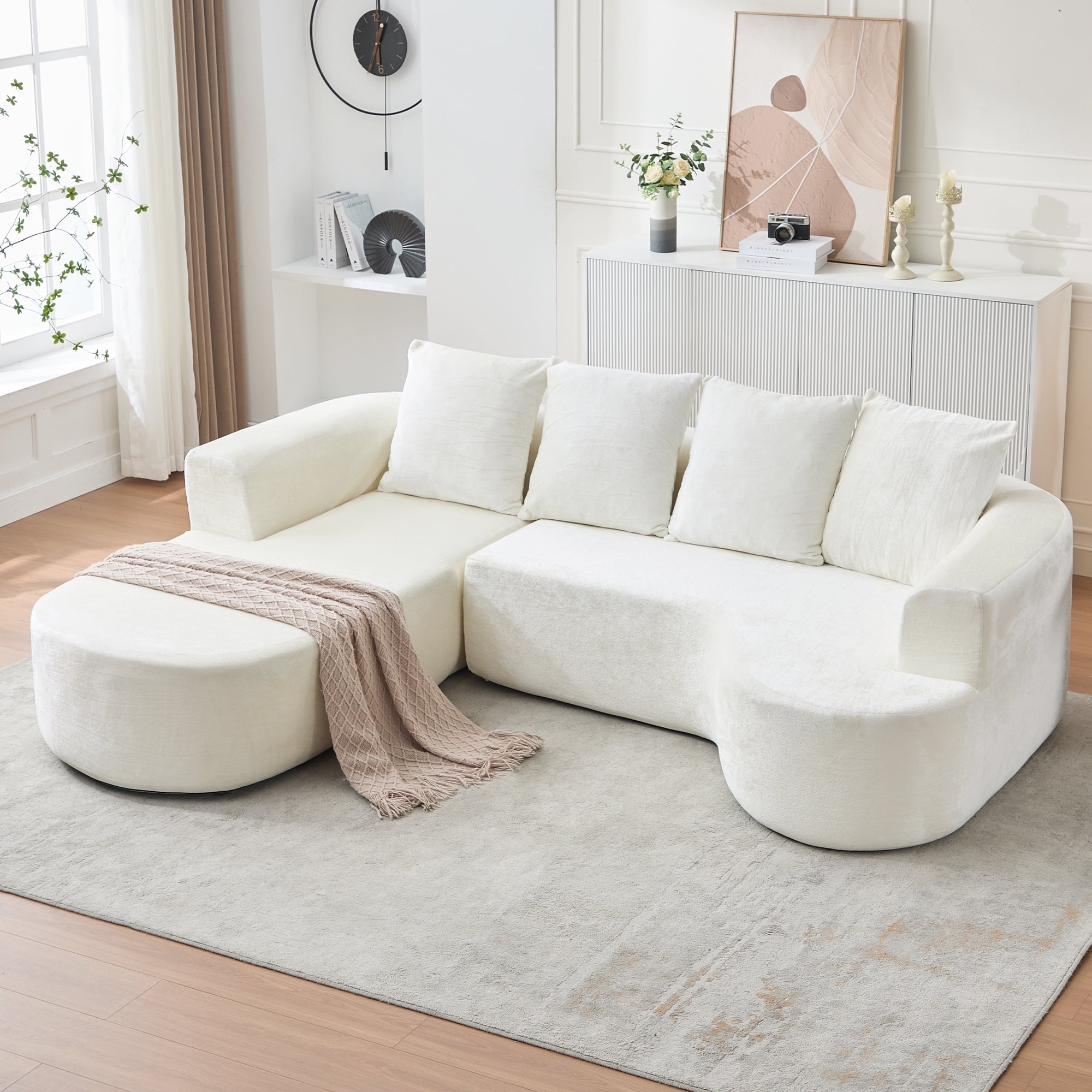 ALEAVIC Modern Curved Sofa with Pillows, Boucle Fabric Sectional Sofa for Living Room, Beige