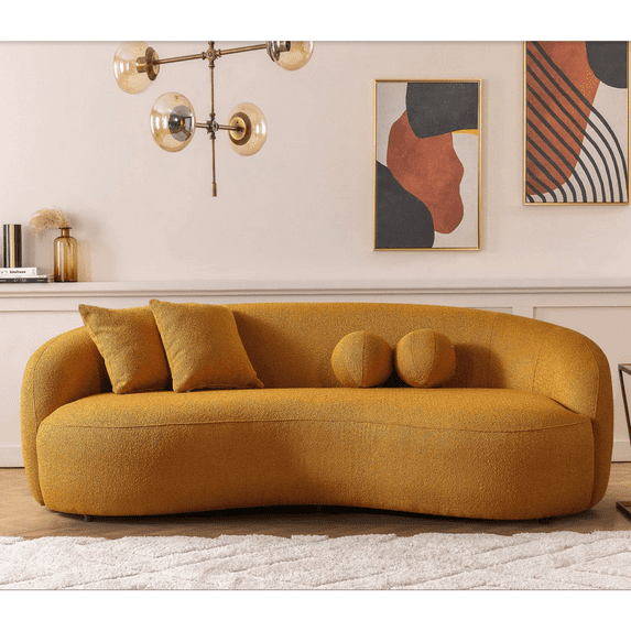 Modern Curved Sofa Couch, Upholstered Boucle Sofa Couch with Pillows, Mid Century Modern Boucle Fabric Padded Lounge-Couch for Living Room Bedroom Office, Yellow