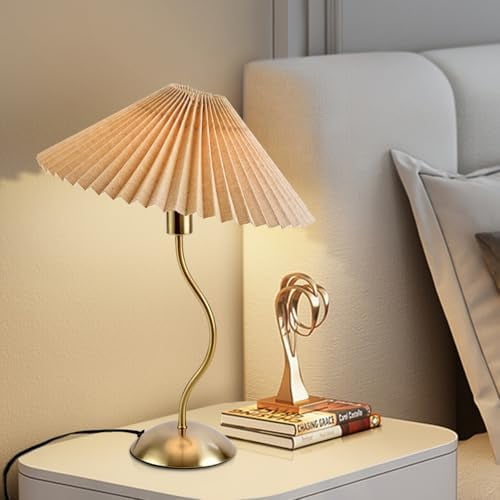 Modern Curved Table Lamp with Pleated Shade, 17.3" Tall Gold Desk Lamp with E12 LED Bulb, Vintage Minimalist Accent Light for Bedroom, Living Room, Office$$Tools & Hardware Other
