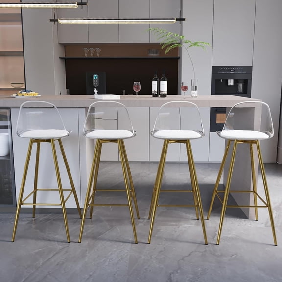 JUFU Set of 4 Transparent Cushioned Bar Chairs with Metal Legs, Modern High Seat for Kitchen or Dining Room