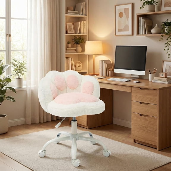 Modern Cute Armless Office Chair with Cat Paw Back, Small Desk Chair with Wheels,Ultra-Plush Fleece Cute Vanity Chair,Swivel Height Adjustable Computer Chair for Home Office,Make-Up Room,Bedroom