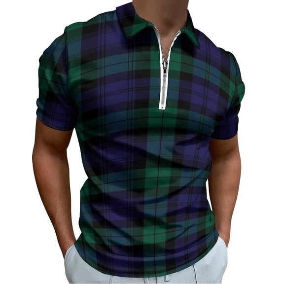 Modern Cute Blue And Green Plaid Men Zipper T-shirt Summer Casual Short Sleeve T-shirt Top
