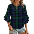 thumbnail image 1 of Modern Cute Blue And Green Plaid Women's V-Neck Blouse With 3/4 Ruffled Bell Sleeves Casual Top Ladies Blouses, 1 of 7