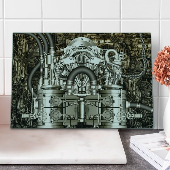 Modern Cutting Board, 2 Cylinder Engine Engineer Bikes and Cars Lovers Inspired Image Photo, Decorative Tempered Glass Cutting and Serving Board, Large Size, Grey and Dark Brown, by Ambesonne