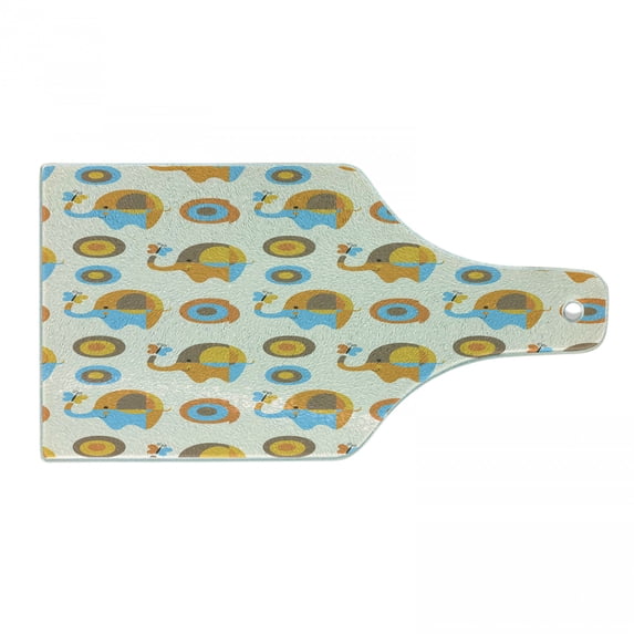 Modern Cutting Board, Abstract with Butterfly and Oval Circles Pattern Print, Decorative Tempered Glass Cutting and Serving Board, Wine Bottle Shape, Orange Taupe Blue, by Ambesonne