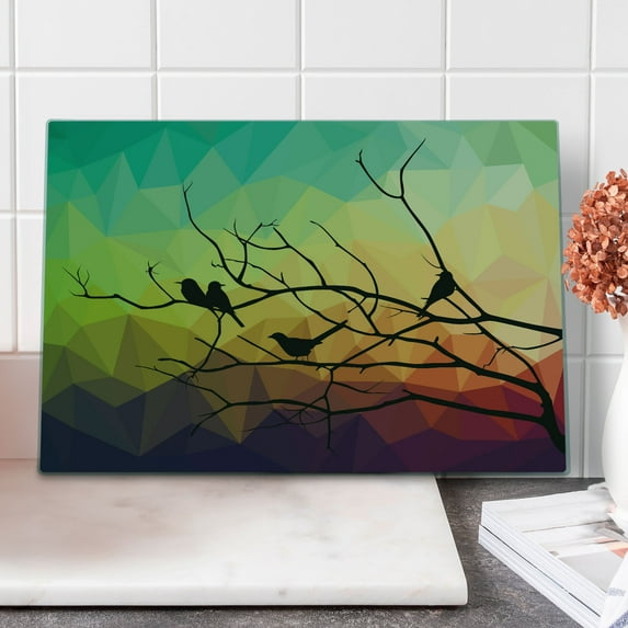 Modern Cutting Board, Birds on Branch with Geometrical Abstract Rainbow Colored Sharp Lines Backdrop Print, Decorative Tempered Glass Cutting and Serving Board, Large Size, Multicolor, by Ambesonne
