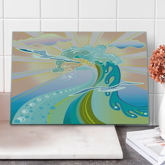 Modern Cutting Board, Cartoon Like Image Waves Birds Foams and Bubbles with Sunset Like Design Art, Decorative Tempered Glass Cutting and Serving Board, Large Size, Multicolor, by Ambesonne
