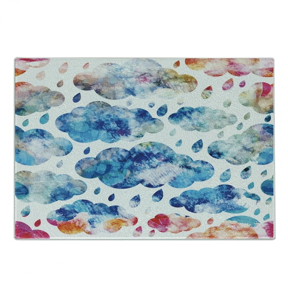 Modern Cutting Board, Colorful Clouds Pattern with Raindrops Rainy Weather Sky Illustration, Decorative Tempered Glass Cutting and Serving Board, Small Size, Blue Pink Orange, by Ambesonne