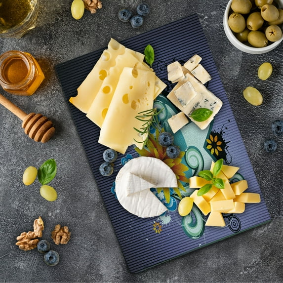 Modern Cutting Board, Contemporary Design with Stars Flowers and Swirls with Dark Purple Color Backdrop, Decorative Tempered Glass Cutting and Serving Board, Small Size, Multicolor, by Ambesonne