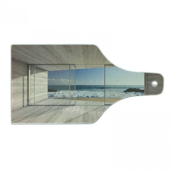 Modern Cutting Board, Empty Lounge Area Large Window and View of Sea Waves Rocks Art, Decorative Tempered Glass Cutting and Serving Board, Wine Bottle Shape, Beige Blue White, by Ambesonne
