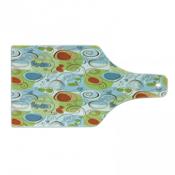 Modern Cutting Board, Floral Flowers Geometrical Abstract Funky Swirls Contemporary Image, Decorative Tempered Glass Cutting and Serving Board, Wine Bottle Shape, Pale Green White, by Ambesonne