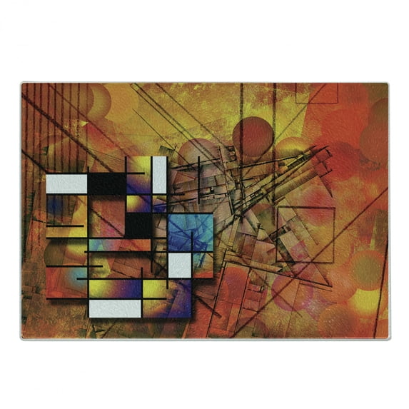 Modern Cutting Board, Geometric Style Unusual with Lines and Circles Triangles and Squares Image, Decorative Tempered Glass Cutting and Serving Board, Small Size, Multicolor, by Ambesonne