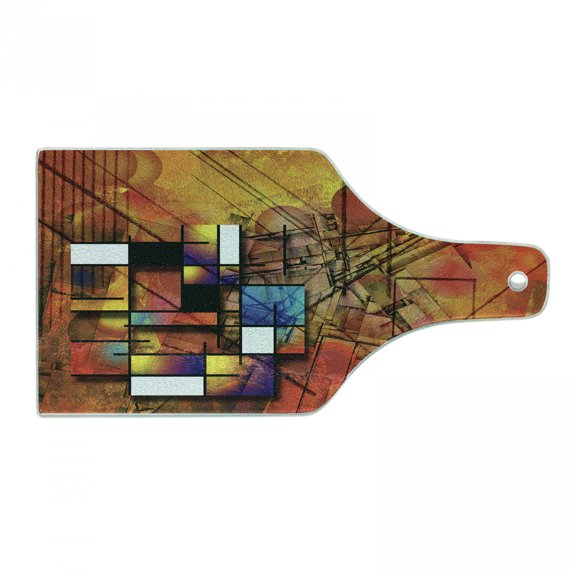 Modern Cutting Board, Geometric Style Unusual with Lines and Circles Triangles and Squares Image, Decorative Tempered Glass Cutting and Serving Board, Wine Bottle Shape, Multicolor, by Ambesonne
