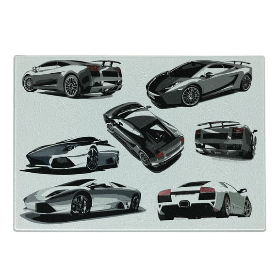 Modern Cutting Board, Grey Cars from Various Angles Automobile Industry Theme Vehicle, Decorative Tempered Glass Cutting and Serving Board, Small Size, Pale Sage Green White, by Ambesonne
