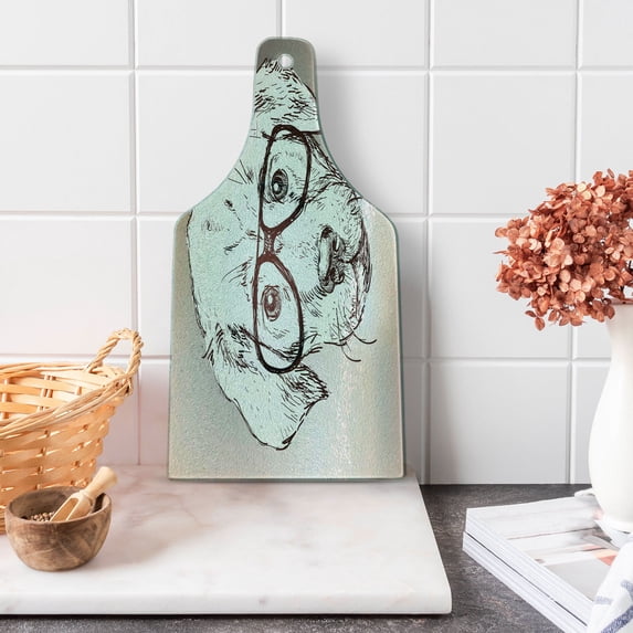 Modern Cutting Board, Hipster Puppy with Glasses Smart Dog Nerd Animal Humor Fun Graphic Design, Decorative Tempered Glass Cutting and Serving Board, Wine Bottle Shape, White Tan Brown, by Ambesonne